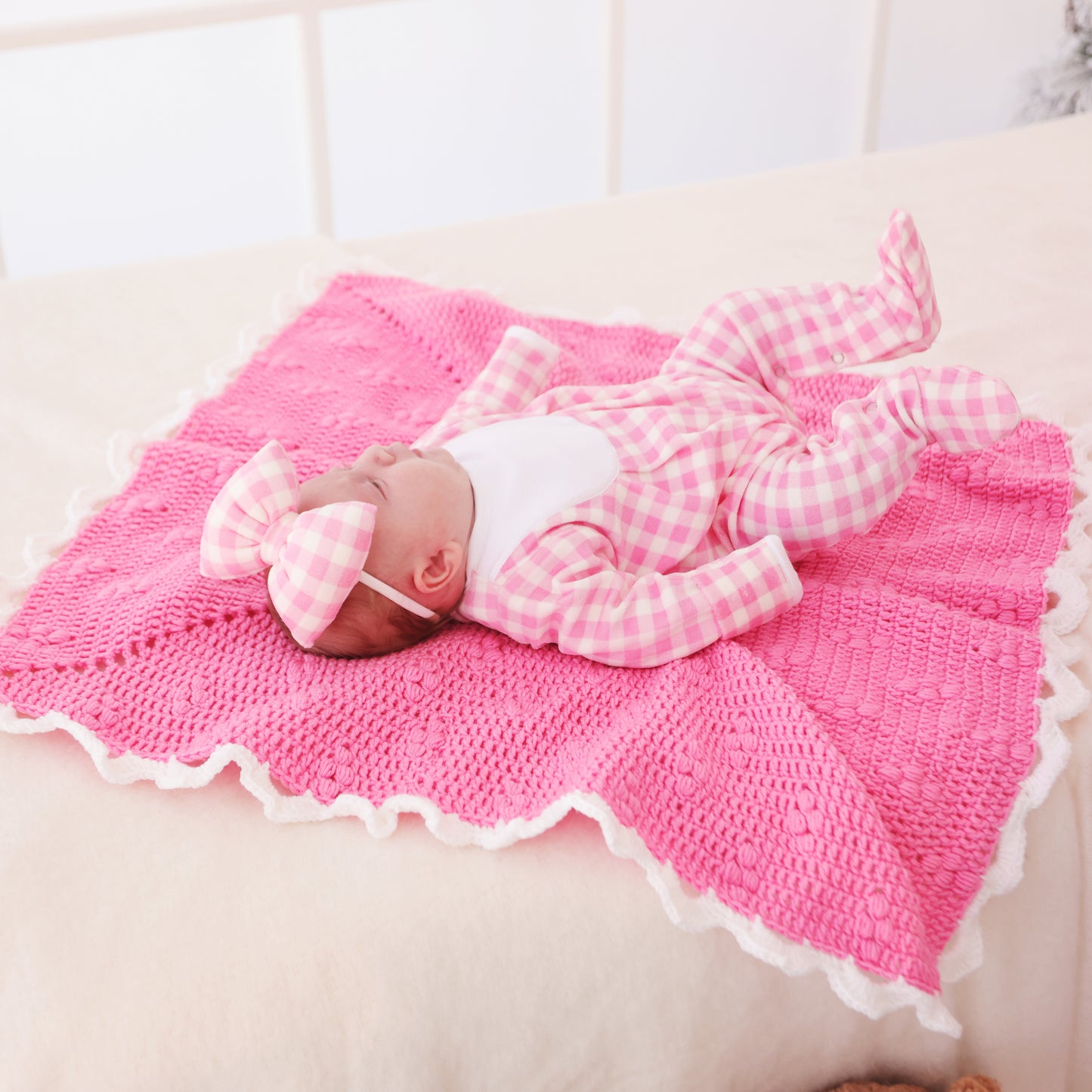 Gingham Pink Newborn Bow Headband
